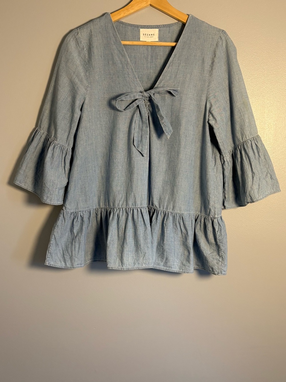 Sézane Chambray Blue Bow Ruffle Blouse size 36